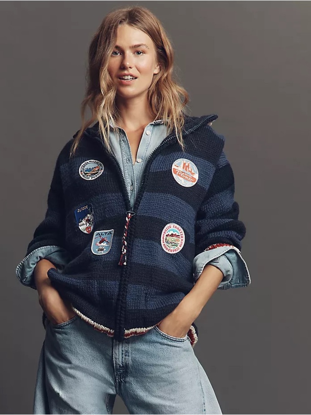 Frantic Dolomite Ski navy patch wool zip cardigan sweater